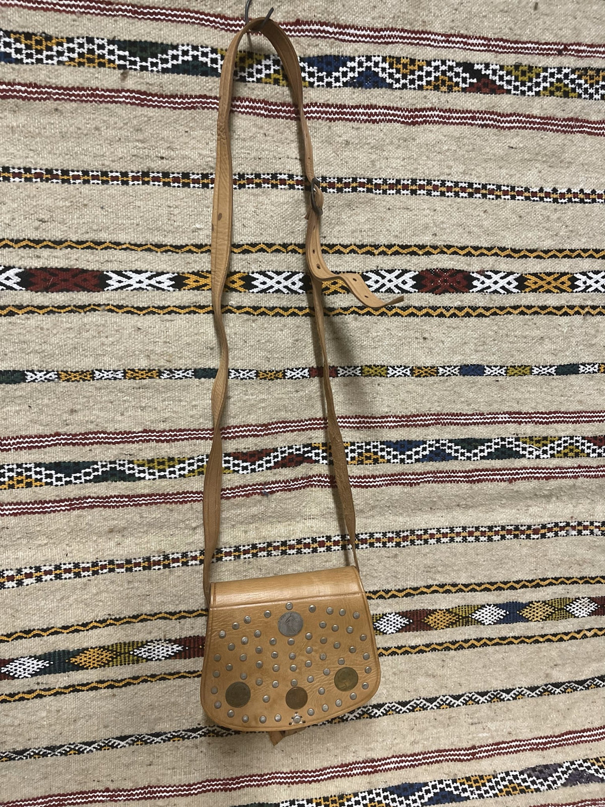 Studded Leather Coin Purse Tan Chevron