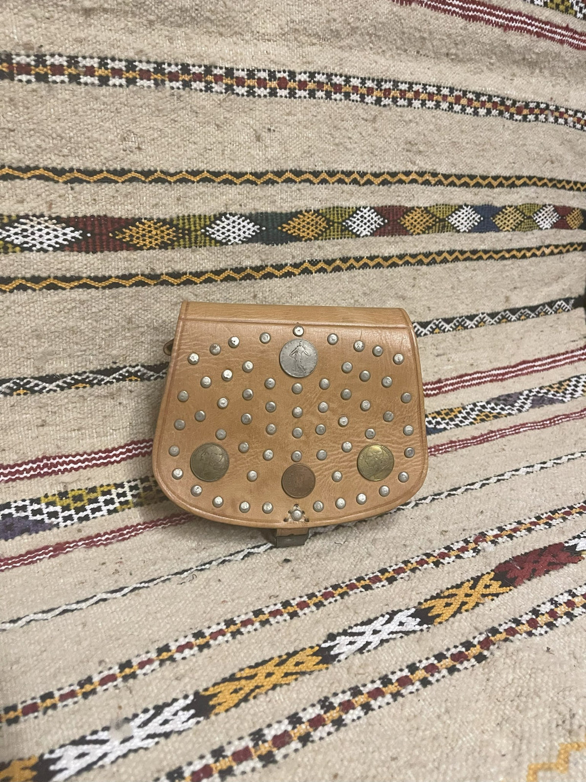 Studded Leather Coin Purse Tan Chevron