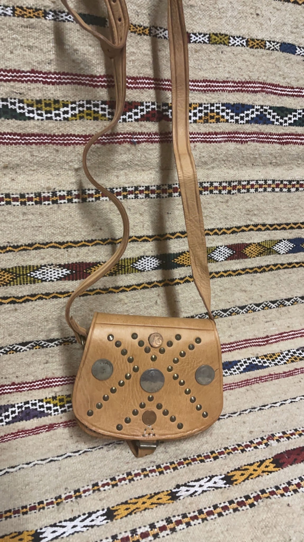 Studded Leather Coin Purse Tan Cross