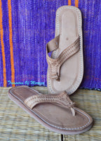 Tooled Handmade Leather Flip Flop Sandals Beige
