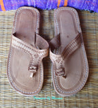 Tooled Handmade Leather Flip Flop Sandals Beige