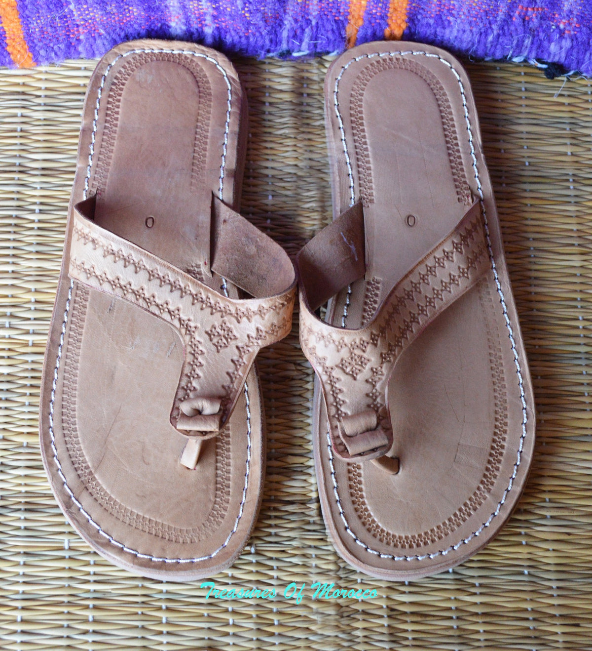 Tooled Handmade Leather Flip Flop Sandals Beige