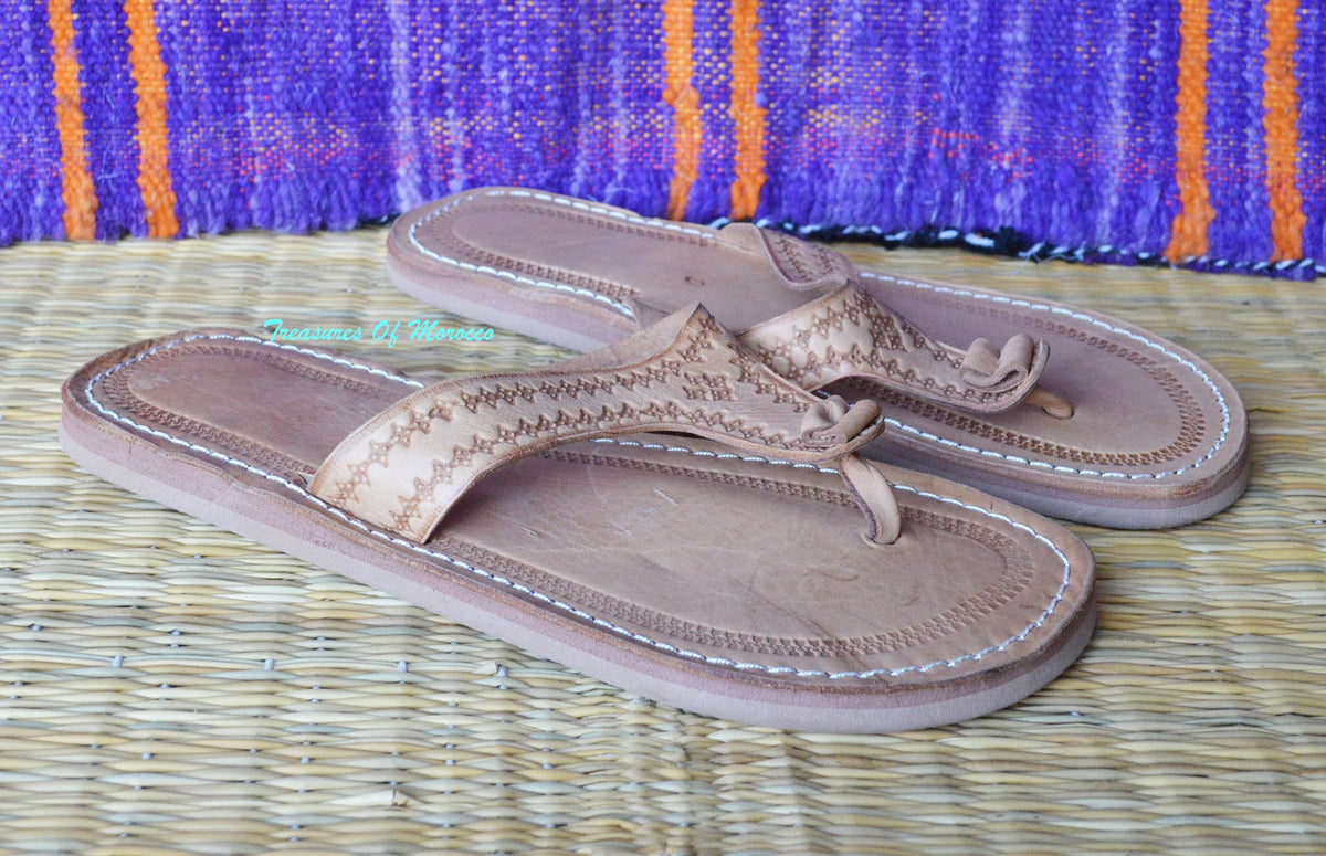 Tooled Handmade Leather Flip Flop Sandals Beige