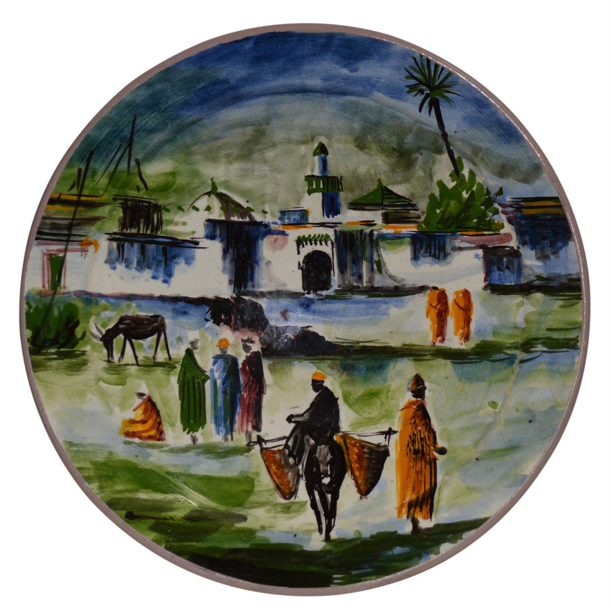Village Donkey with Baskets Hand Painted Ceramic Plate X-Large 14 inches