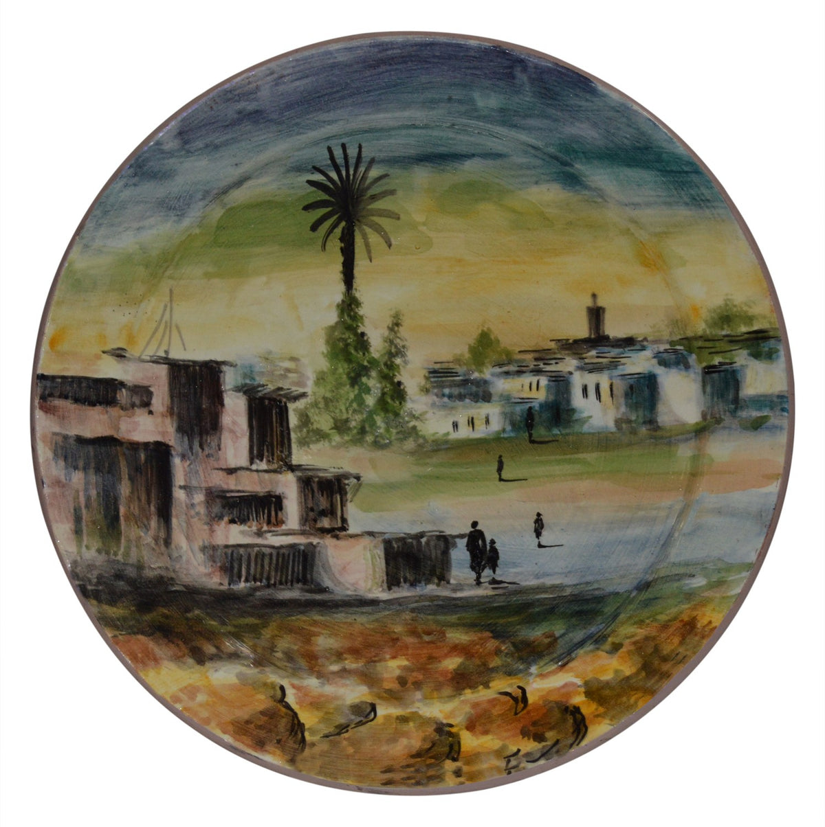Village Palm Tree Town Hand Painted Ceramic Plate X-Large 14 inches