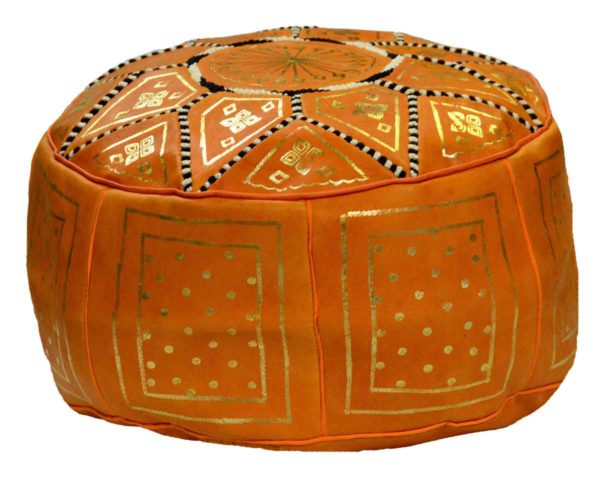 Orange Leather Moroccan Handmade Poof -4061