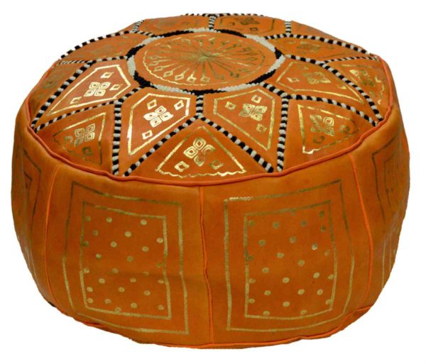 Orange Leather Moroccan Handmade Poof -4059