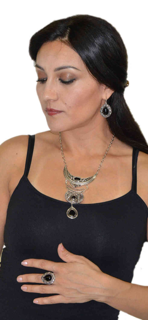 Monia Necklace Ring Earrings Set Black-7356