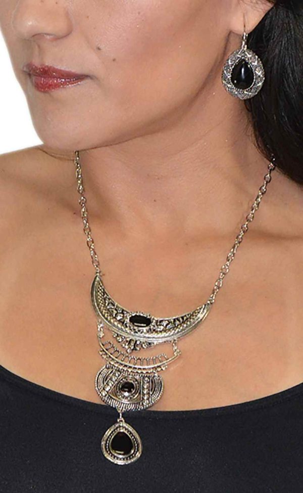 Monia Necklace Ring Earrings Set Black-0