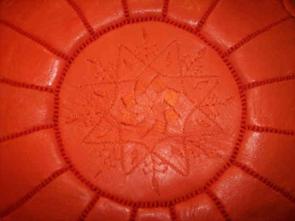 Large Handmade Leather Pouf Orange-4071