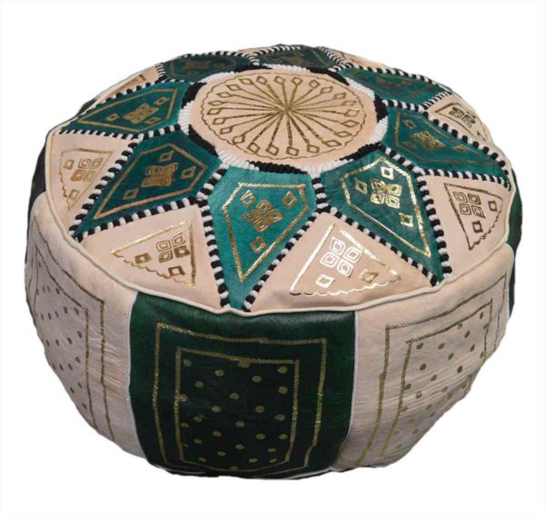 Green Beige Leather Moroccan Handmade Poof -4765