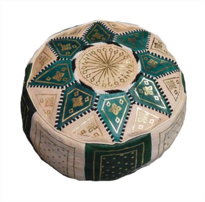 Green Beige Leather Moroccan Handmade Poof -0