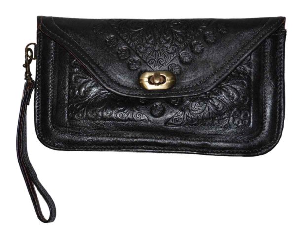 Marwa Leather Clutch Carved Black-0