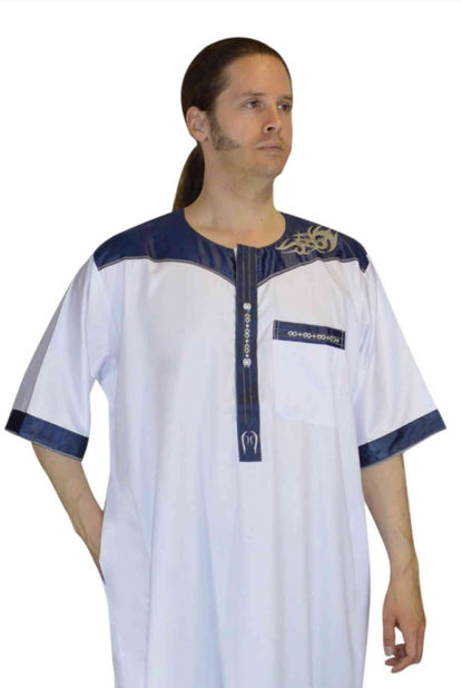 Men Thobe Saudi Style White With Blue Embroidery-0