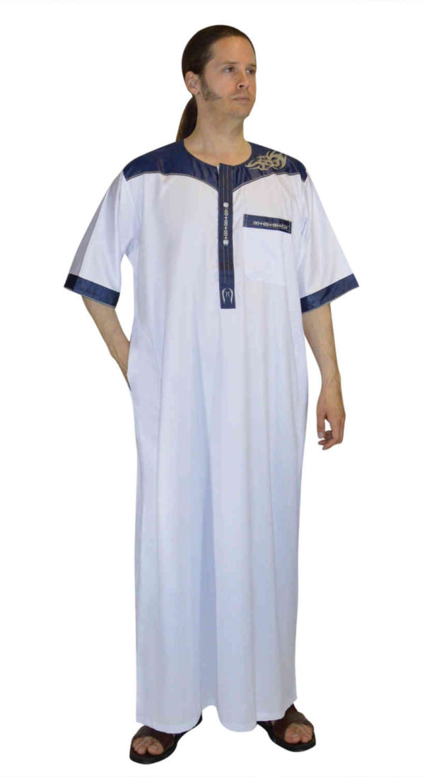 Men Thobe Saudi Style White With Blue Embroidery-7100