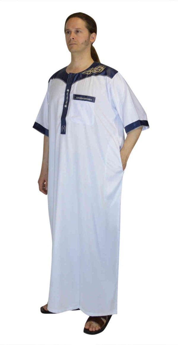 Men Thobe Saudi Style White With Blue Embroidery-8817