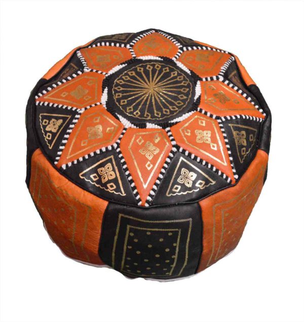 Black Orange Leather Moroccan Handmade Poof -9139