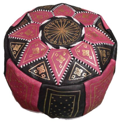 Black Pink Leather Moroccan Handmade Poof -0
