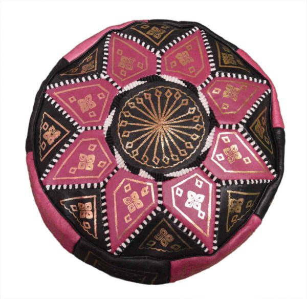 Black Pink Leather Moroccan Handmade Poof -9130