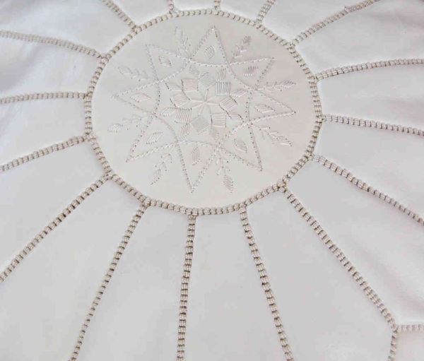Large Handmade Leather Pouf White-9103