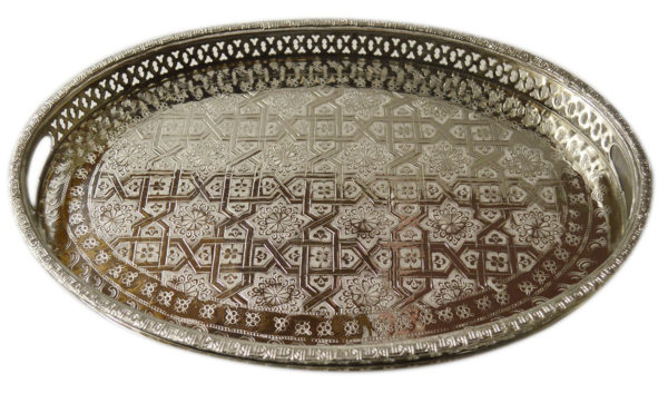Moroccan Tea Tray Handmade Silver Platted Oval