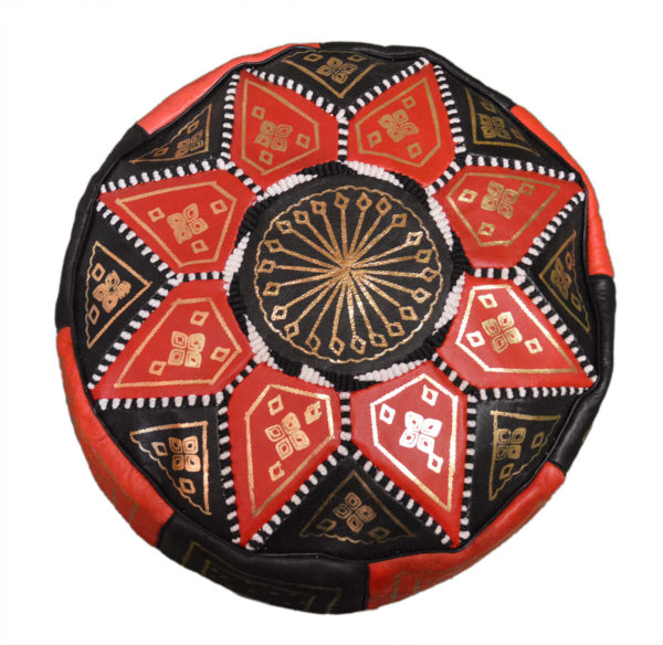 Black Red Leather Moroccan Handmade Pouf