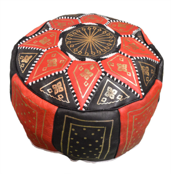 Black Red Leather Moroccan Handmade Pouf