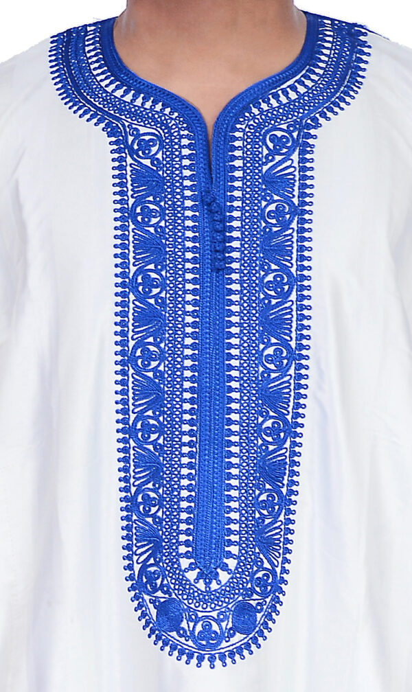 Jamal Fancy Kaftan White Handmade With Blue Embroidery