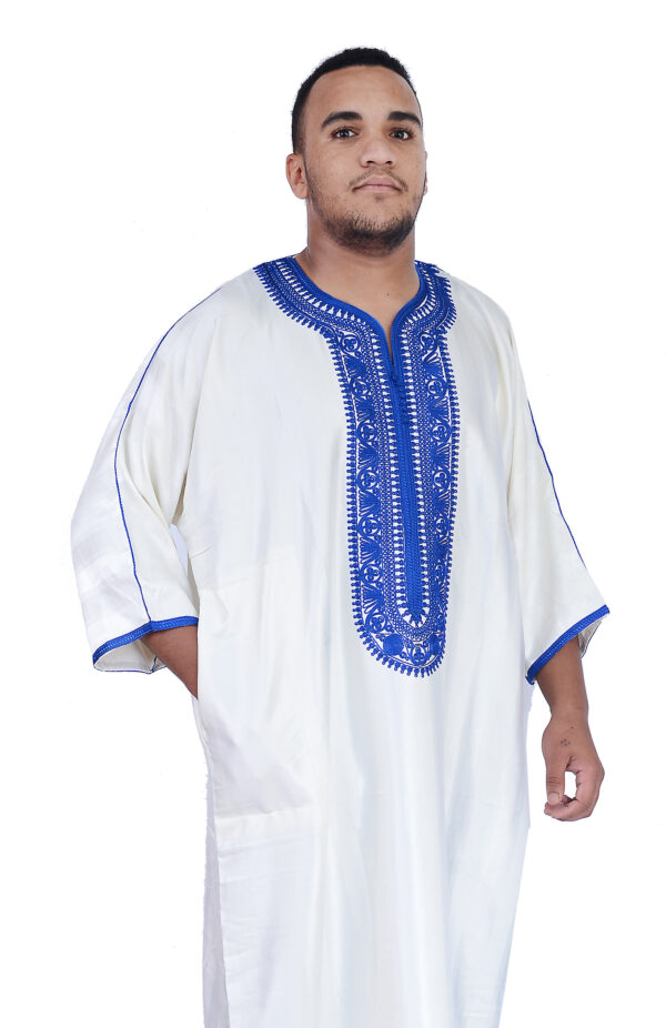 Jamal Fancy Kaftan White Handmade With Blue Embroidery