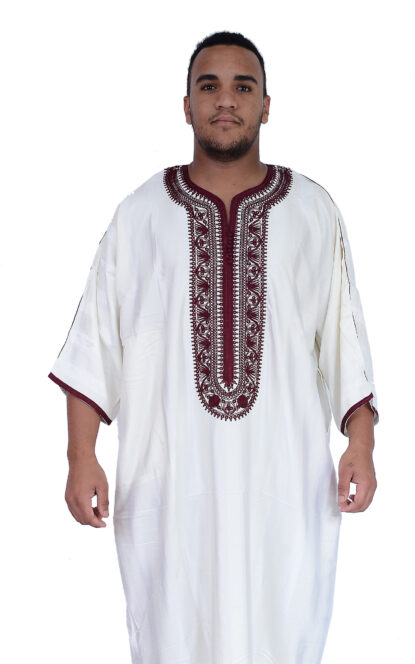 Jamal Fancy Kaftan White Handmade With Burgundy Embroidery
