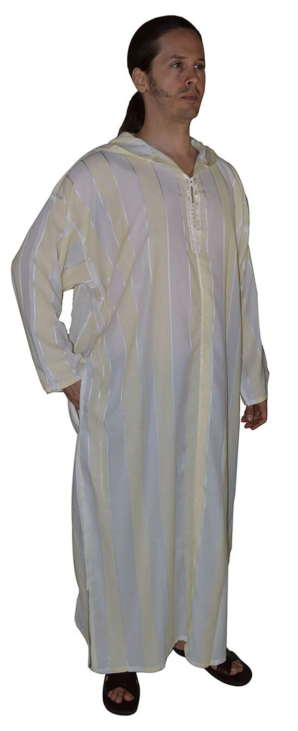 Handmade Moroccan Men Djellaba White Yellow Stripes Treasure Of Morocco
